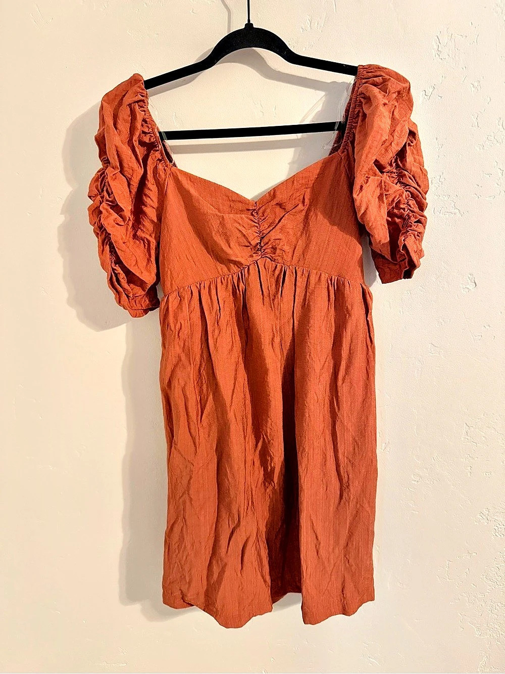Ruched Puff Sleeve Mini Dress in Orange Size Small